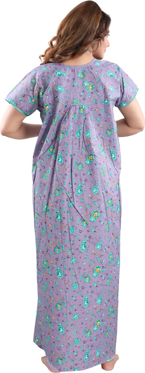 Fabme Women's Lavender Printed Cotton Full Length EveryDay Night Dress Nighty