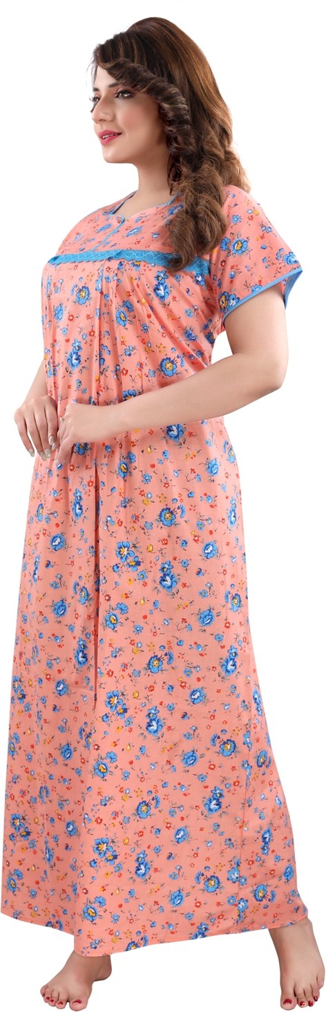 Fabme Women's Orange Printed Cotton Full Length EveryDay Night Dress Nighty