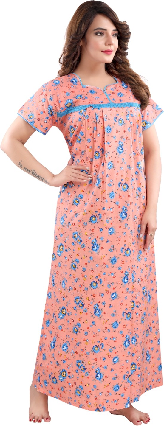 Fabme Women's Orange Printed Cotton Full Length EveryDay Night Dress Nighty