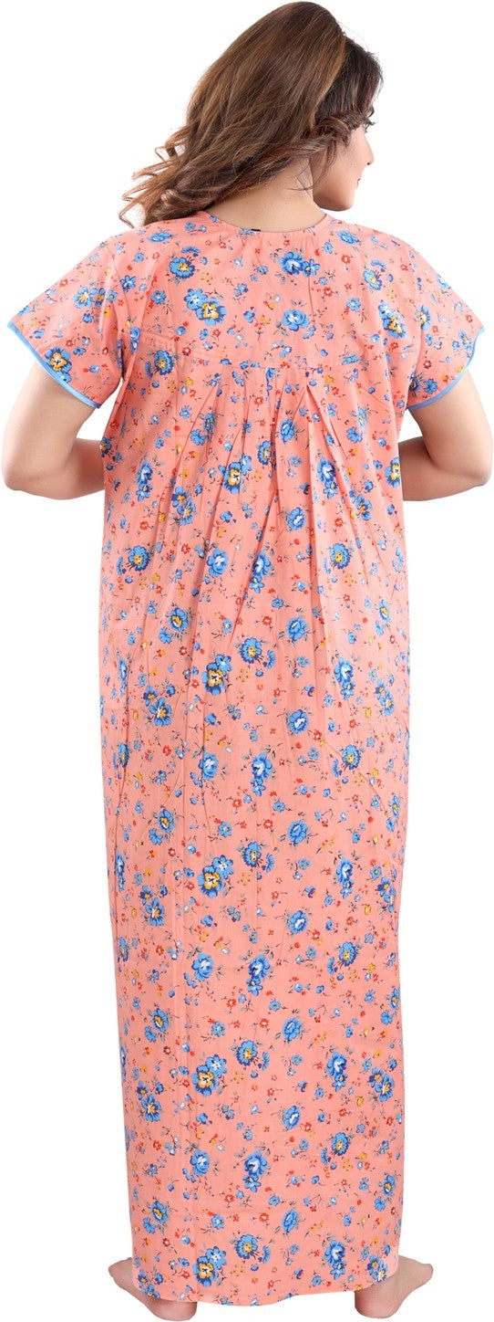Fabme Women's Orange Printed Cotton Full Length EveryDay Night Dress Nighty