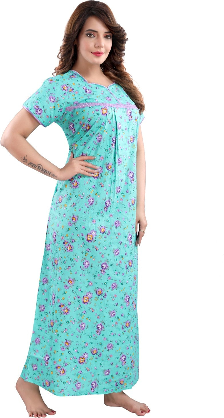 Fabme Women's Sea Green Printed Cotton Full Length EveryDay Night Dress Nighty