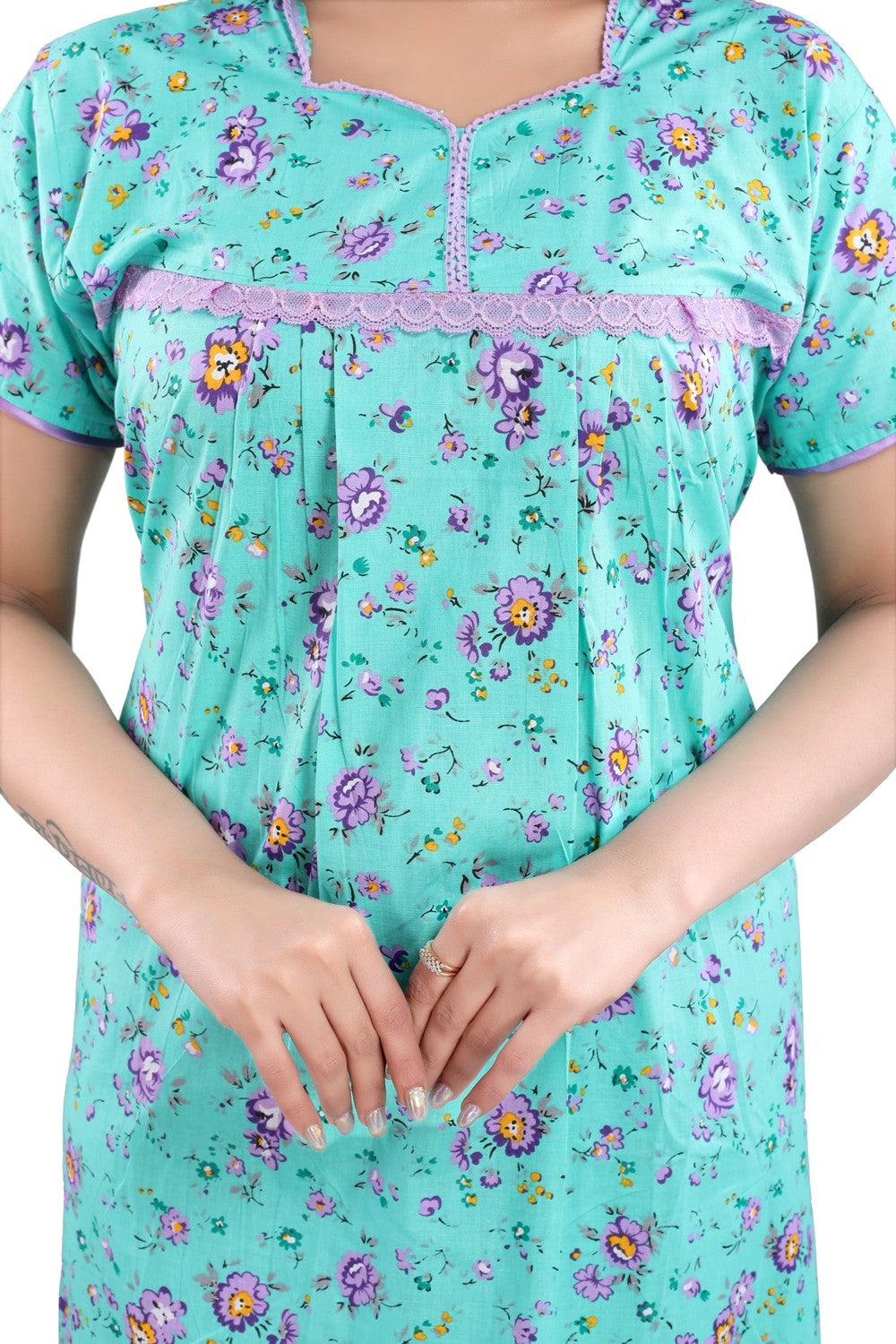 Fabme Women's Sea Green Printed Cotton Full Length EveryDay Night Dress Nighty