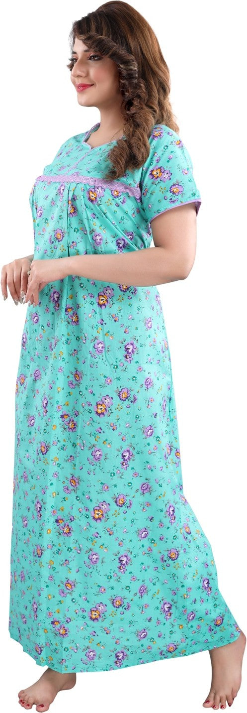 Fabme Women's Sea Green Printed Cotton Full Length EveryDay Night Dress Nighty