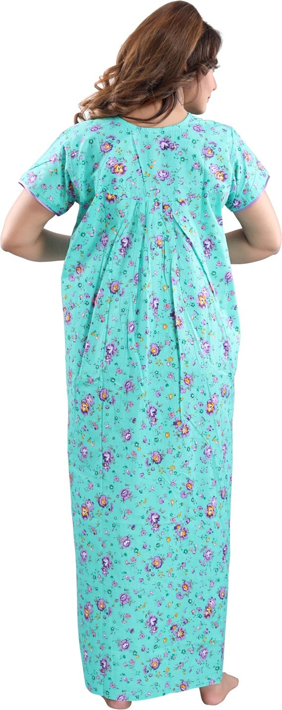 Fabme Women's Sea Green Printed Cotton Full Length EveryDay Night Dress Nighty