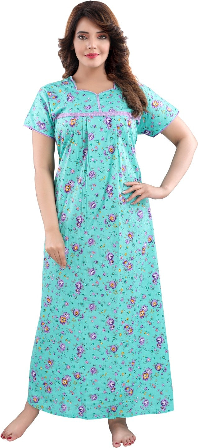 Fabme Women's Sea Green Printed Cotton Full Length EveryDay Night Dress Nighty