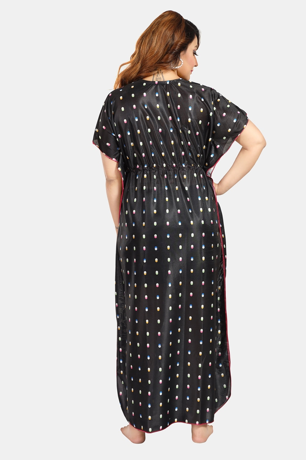Fabme Women's Black Printed Satin Full Length EveryDay Night Dress Nighty