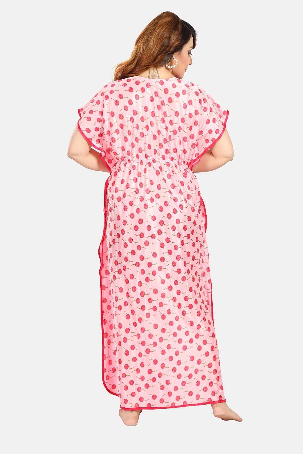 Fabme Women's Pink Printed Satin Full Length EveryDay Night Dress Nighty