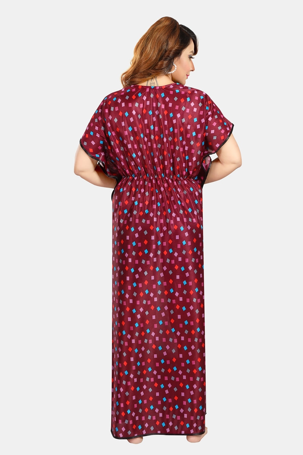 Fabme Women's Maroon Printed Satin Full Length EveryDay Night Dress Nighty