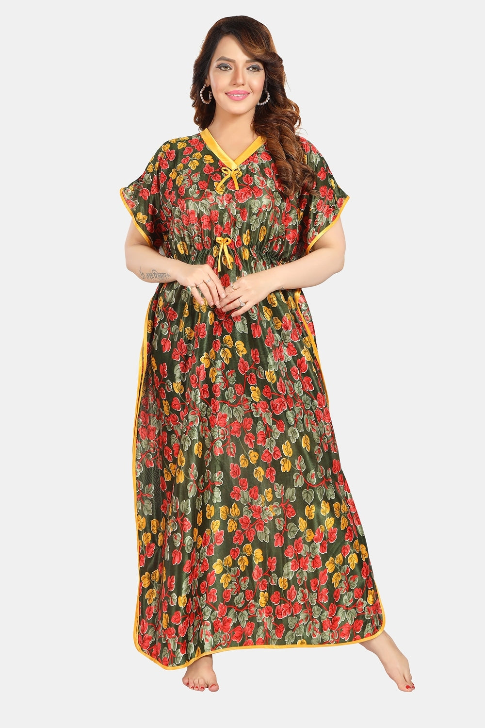 Fabme Women's Green Printed Satin Full Length EveryDay Night Dress Nighty