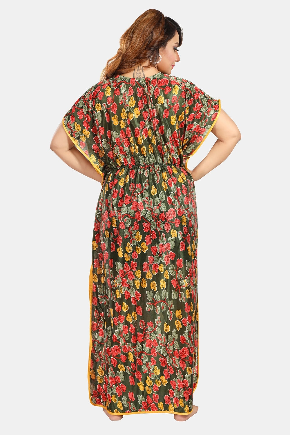Fabme Women's Green Printed Satin Full Length EveryDay Night Dress Nighty