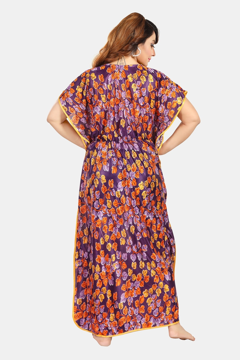 Fabme Women's Purple Printed Satin Full Length EveryDay Night Dress Nighty