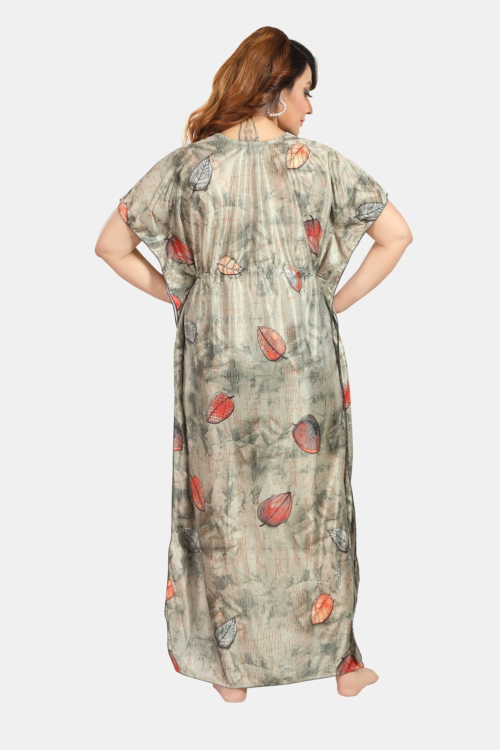 Fabme Women's Green Printed Satin Full Length EveryDay Night Dress Nighty