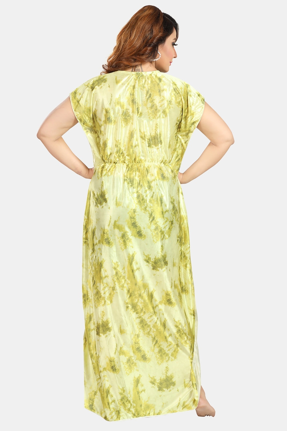 Fabme Women's Green Printed Satin Full Length EveryDay Night Dress Nighty
