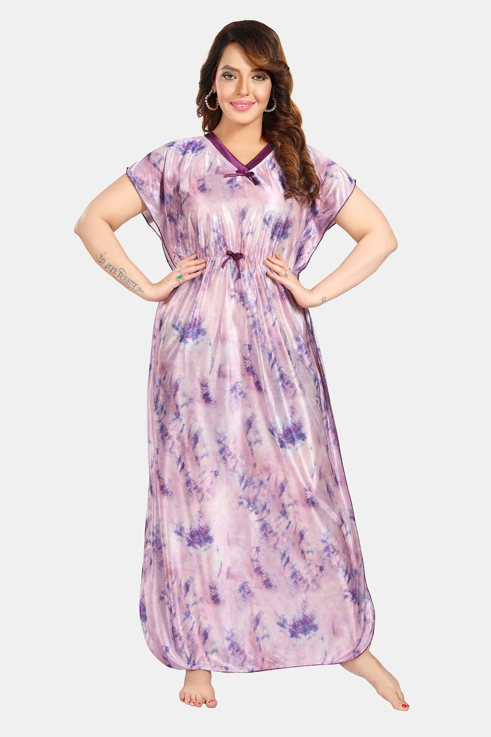 Fabme Women's Light purple Printed Satin Full Length EveryDay Night Dress Nighty