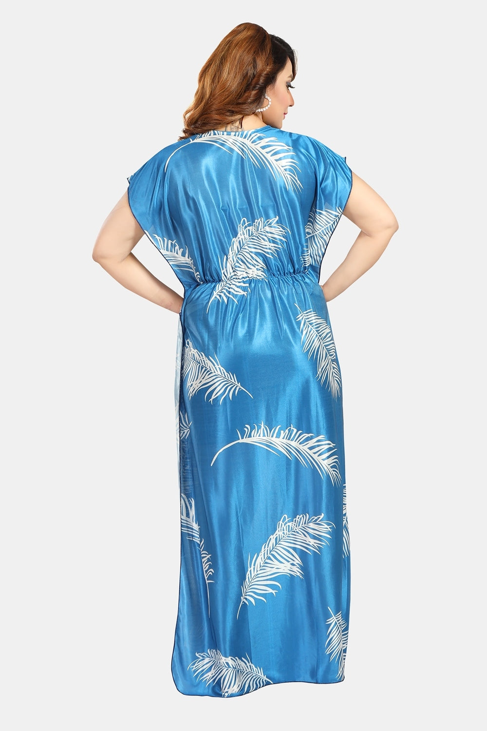 Fabme Women's Blue Printed Satin Full Length EveryDay Night Dress Nighty