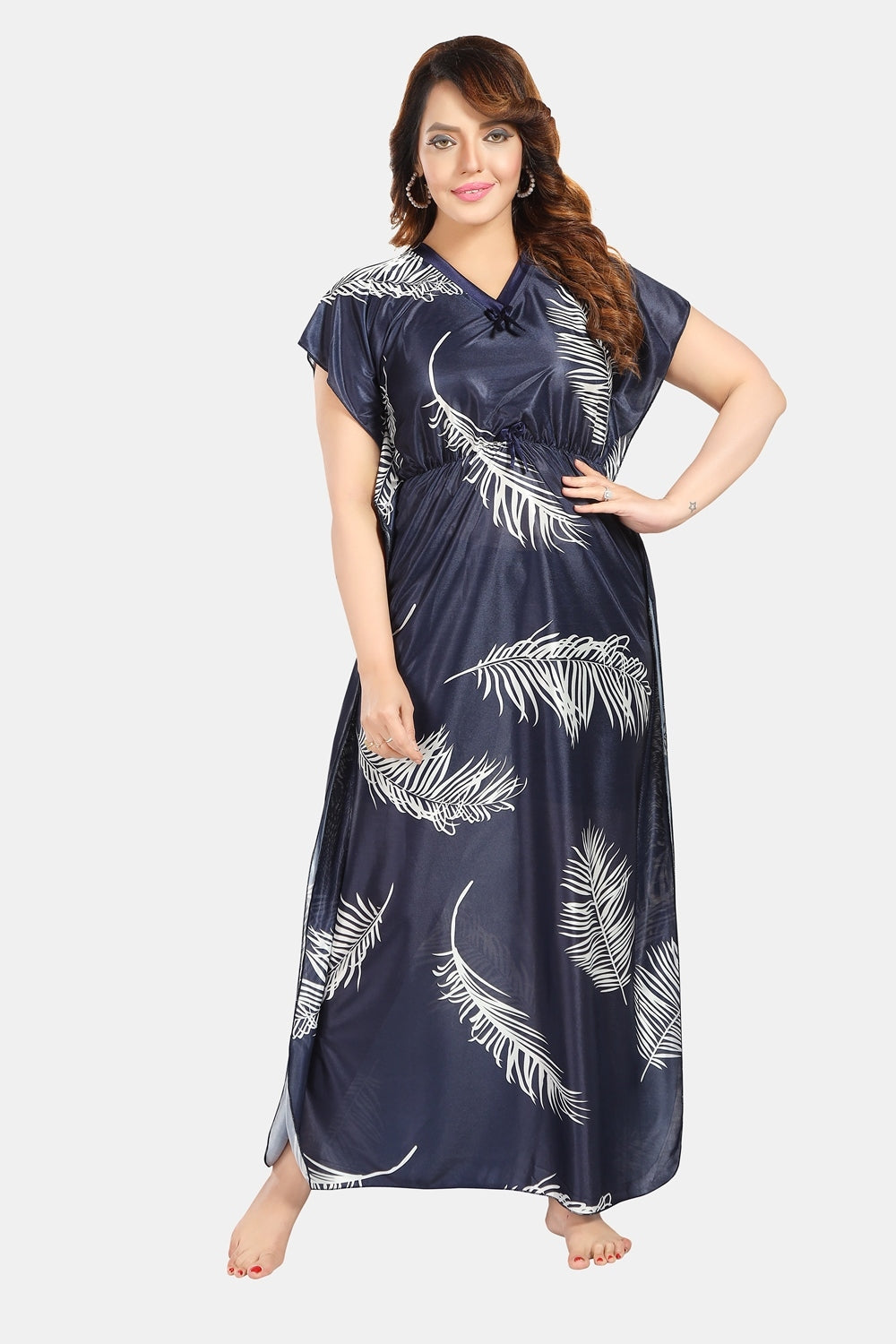 Fabme Women's Navy Blue Printed Satin Full Length EveryDay Night Dress Nighty