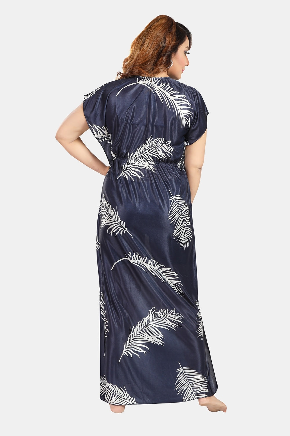 Fabme Women's Navy Blue Printed Satin Full Length EveryDay Night Dress Nighty