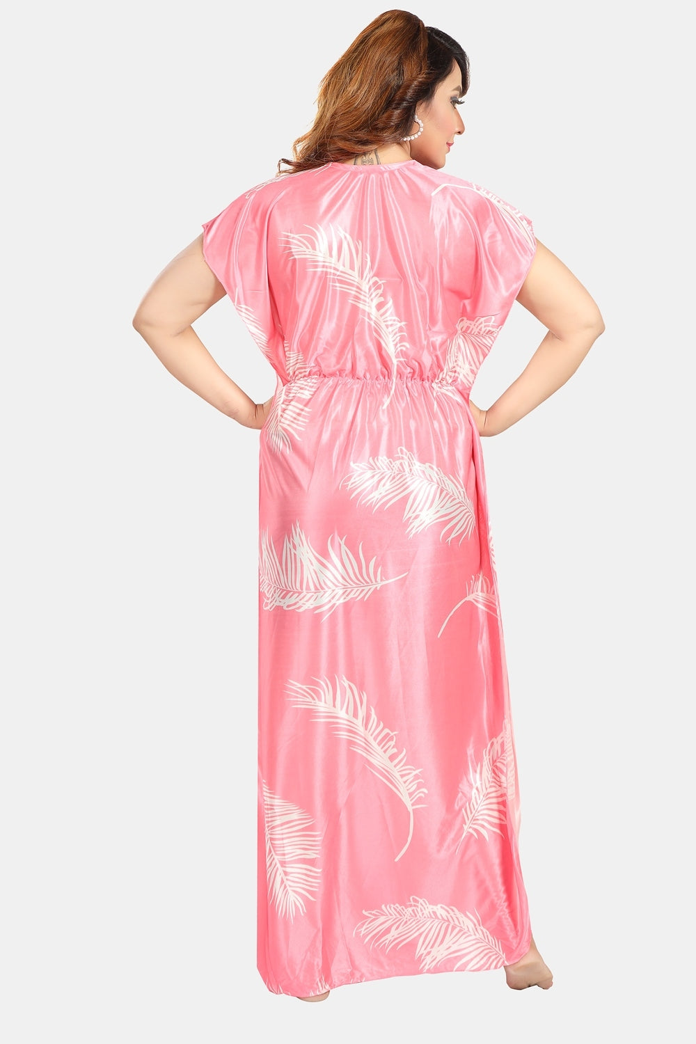 Fabme Women's Pink Printed Satin Full Length EveryDay Night Dress Nighty
