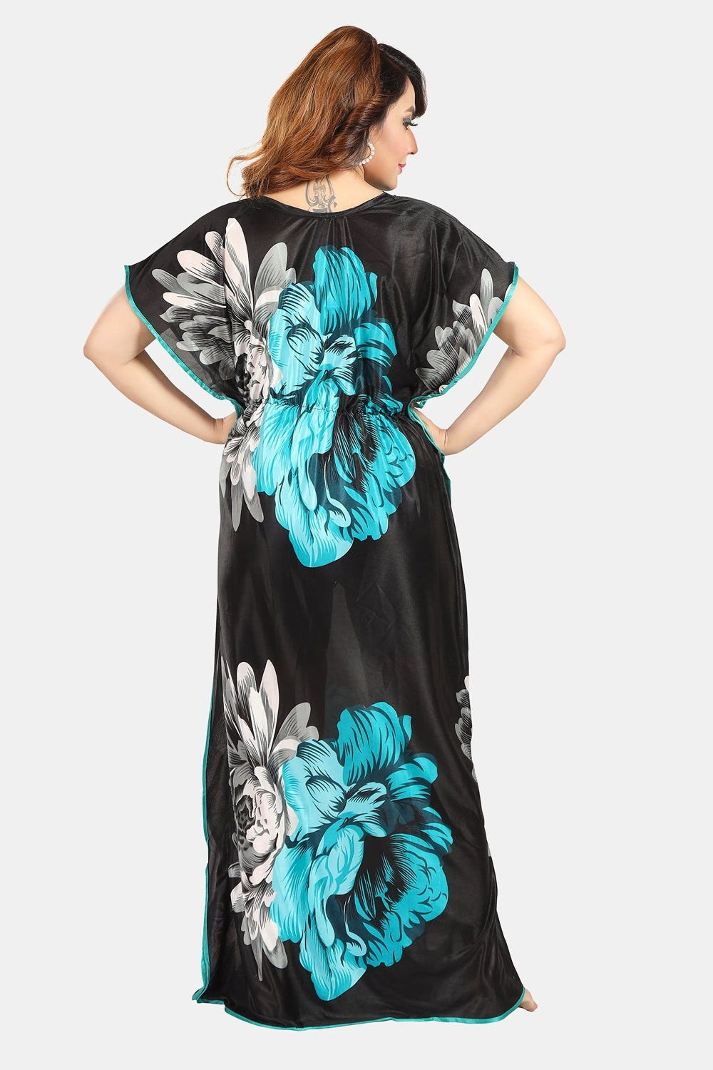 Fabme Women's Black Printed Satin Full Length EveryDay Night Dress Nighty