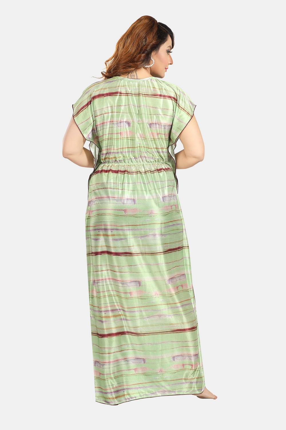 Fabme Women's Light Green Printed Satin Full Length EveryDay Night Dress Nighty