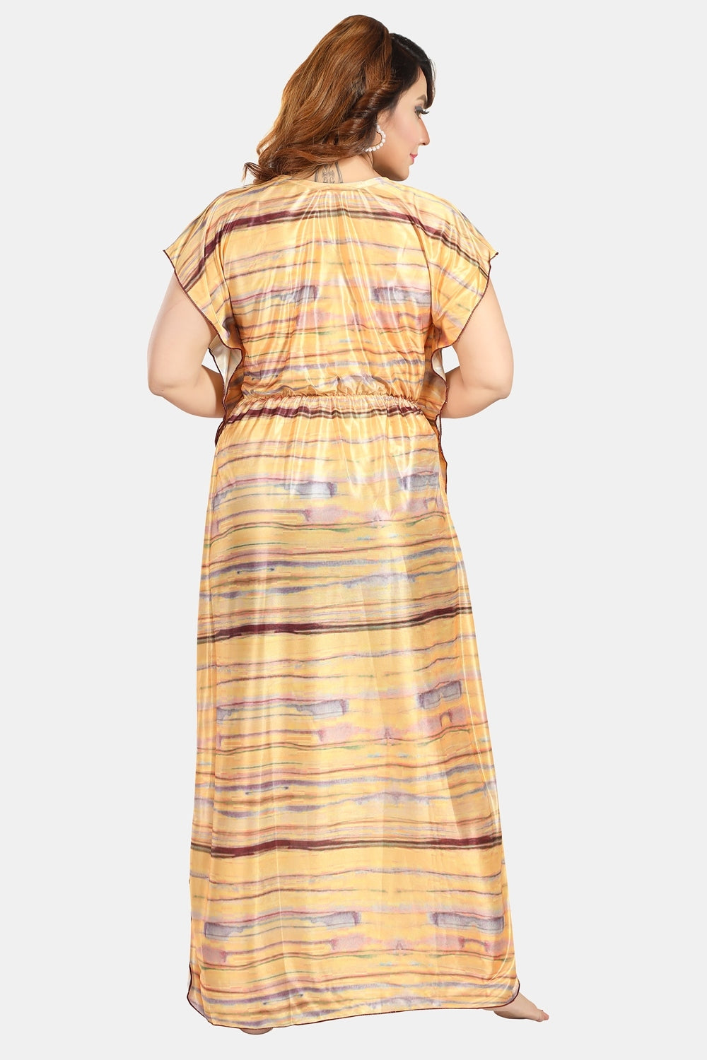 Fabme Women's Yellow Printed Satin Full Length EveryDay Night Dress Nighty