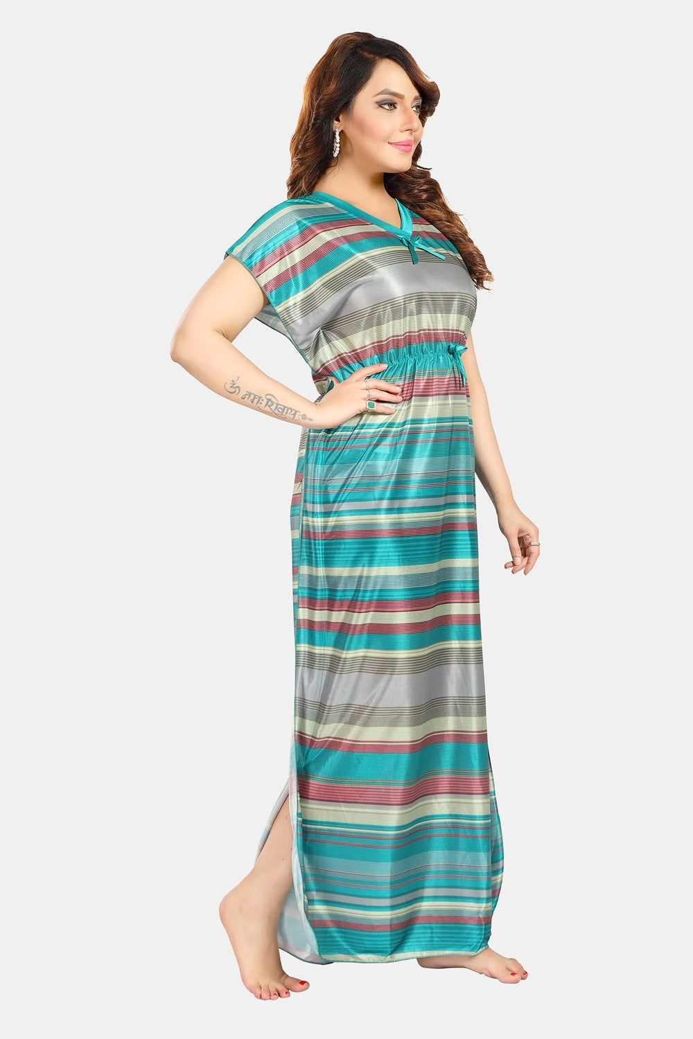 Fabme Women's Green Printed Satin Full Length EveryDay Night Dress Nighty