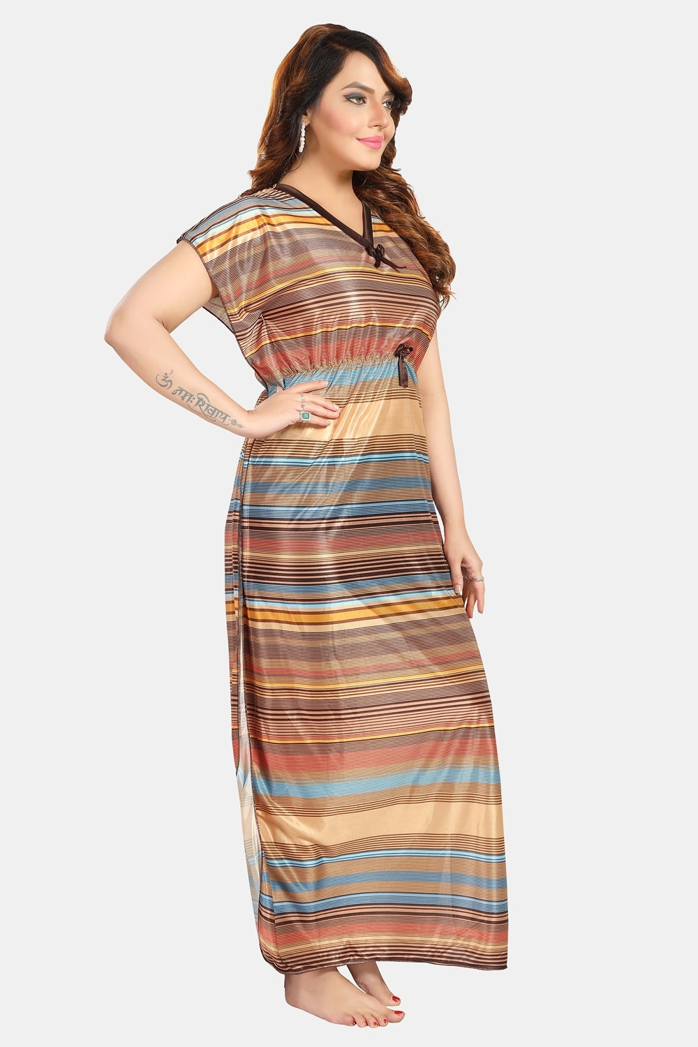 Fabme Women's Yellow Printed Satin Full Length EveryDay Night Dress Nighty