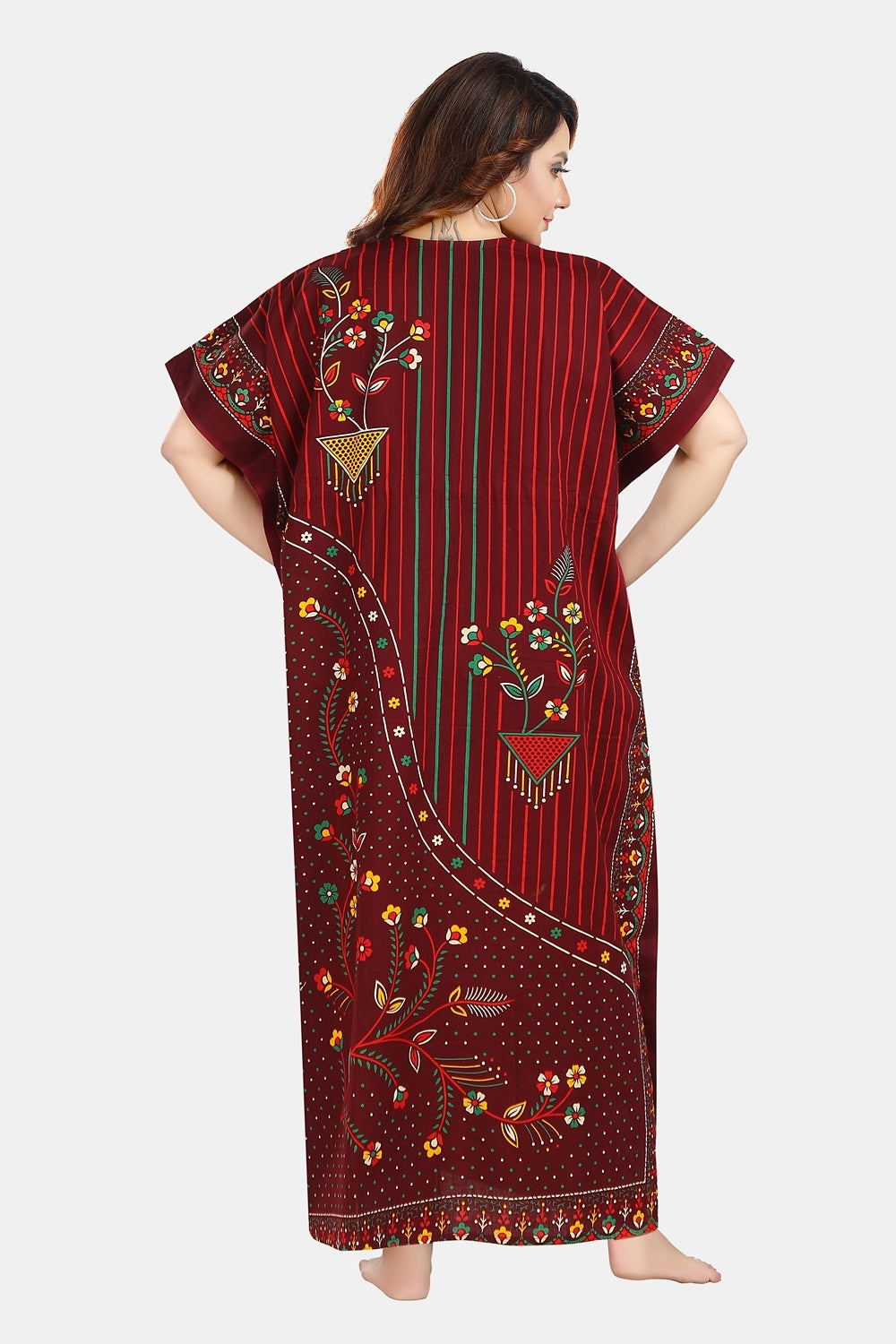 Fabme Women's Maroon Kaftan Cotton Full Length EveryDay Night Dress Nighty