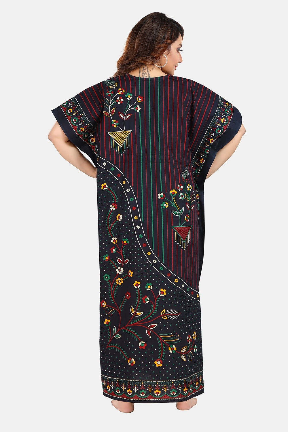 Fabme Women's Navy Blue Kaftan Cotton Full Length EveryDay Night Dress Nighty