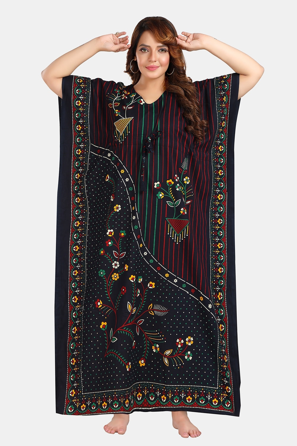 Fabme Women's Navy Blue Kaftan Cotton Full Length EveryDay Night Dress Nighty