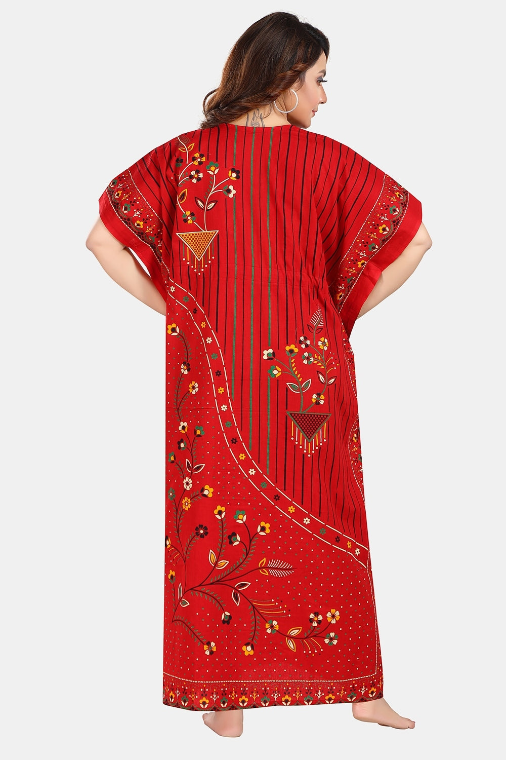 Fabme Women's Red Kaftan Cotton Full Length EveryDay Night Dress Nighty