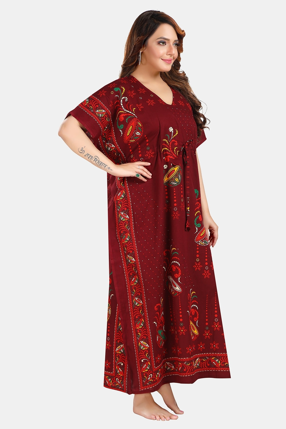 Fabme Women's Maroon Kaftan Cotton Full Length EveryDay Night Dress Nighty