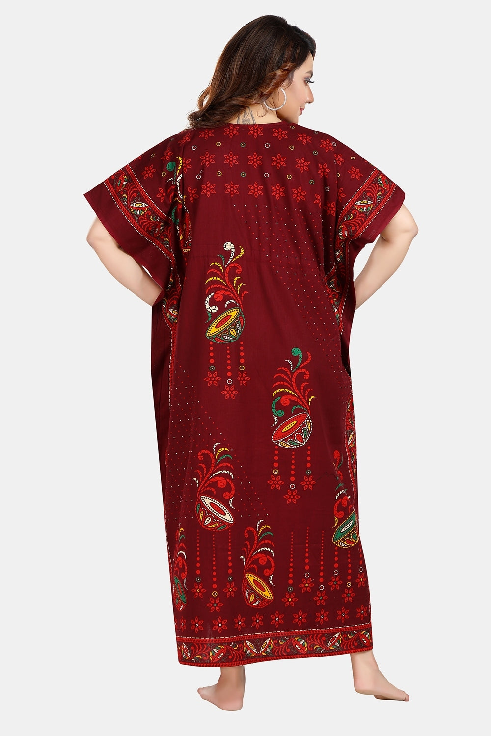 Fabme Women's Maroon Kaftan Cotton Full Length EveryDay Night Dress Nighty