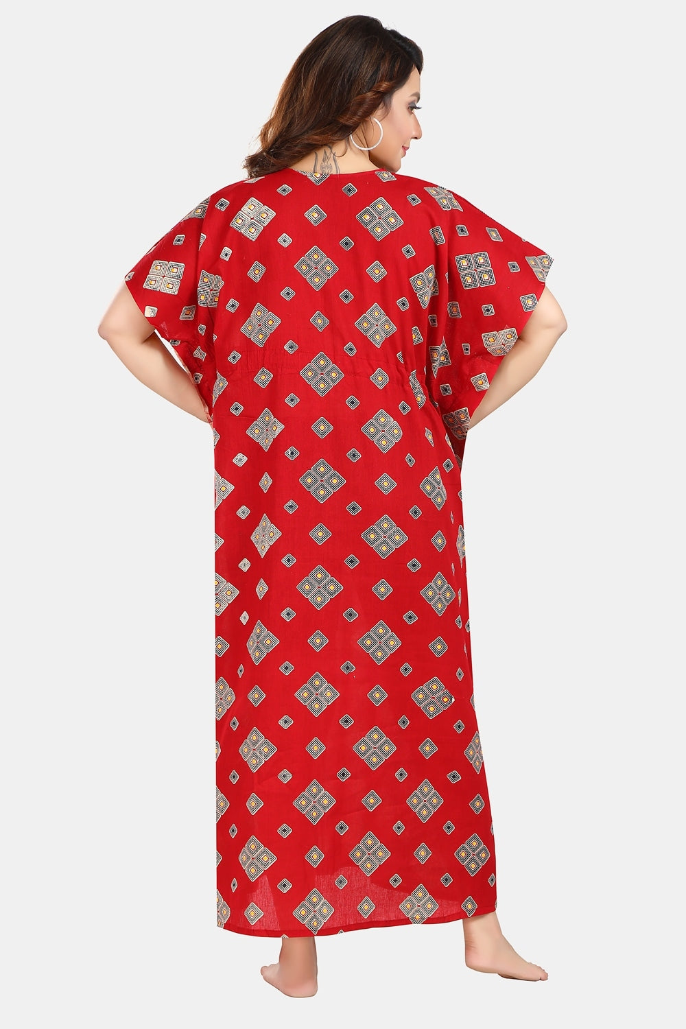 Fabme Women's Red Kaftan Cotton Full Length EveryDay Night Dress Nighty