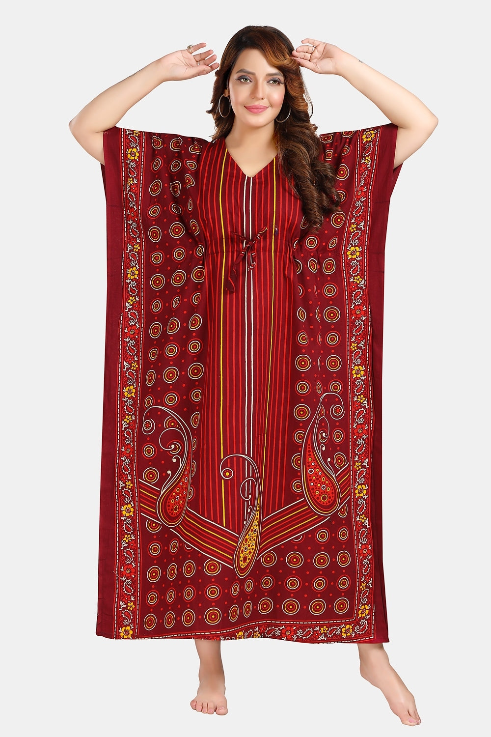Fabme Women's Maroon Kaftan Cotton Full Length EveryDay Night Dress Nighty