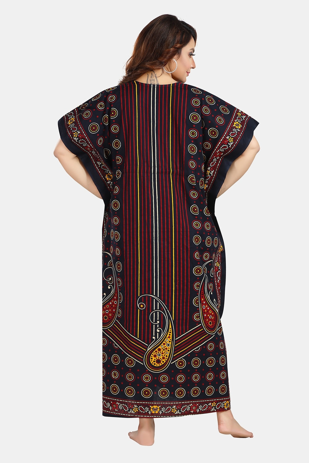 Fabme Women's Navy Blue Kaftan Cotton Full Length EveryDay Night Dress Nighty