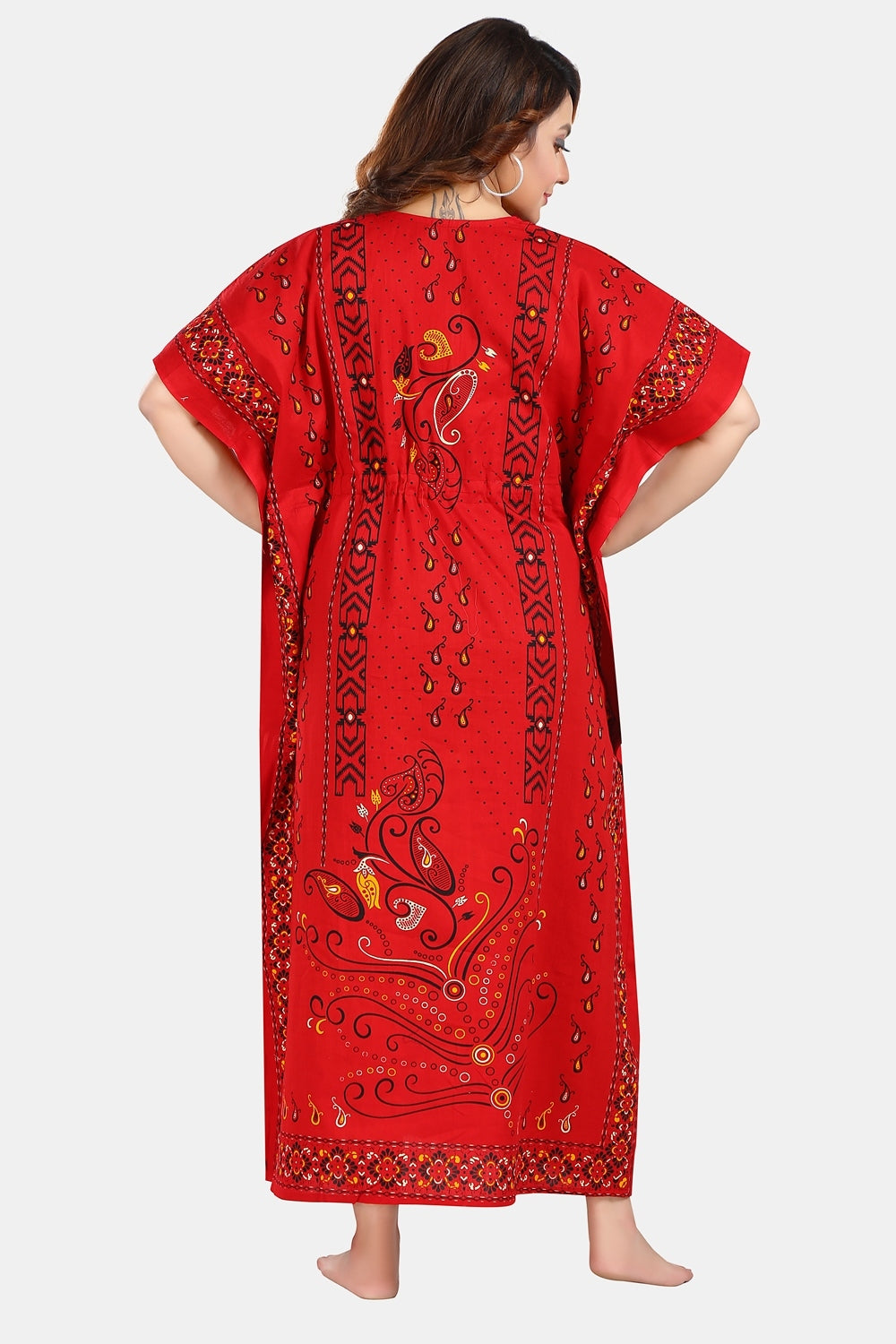Fabme Women's Red Kaftan Cotton Full Length EveryDay Night Dress Nighty