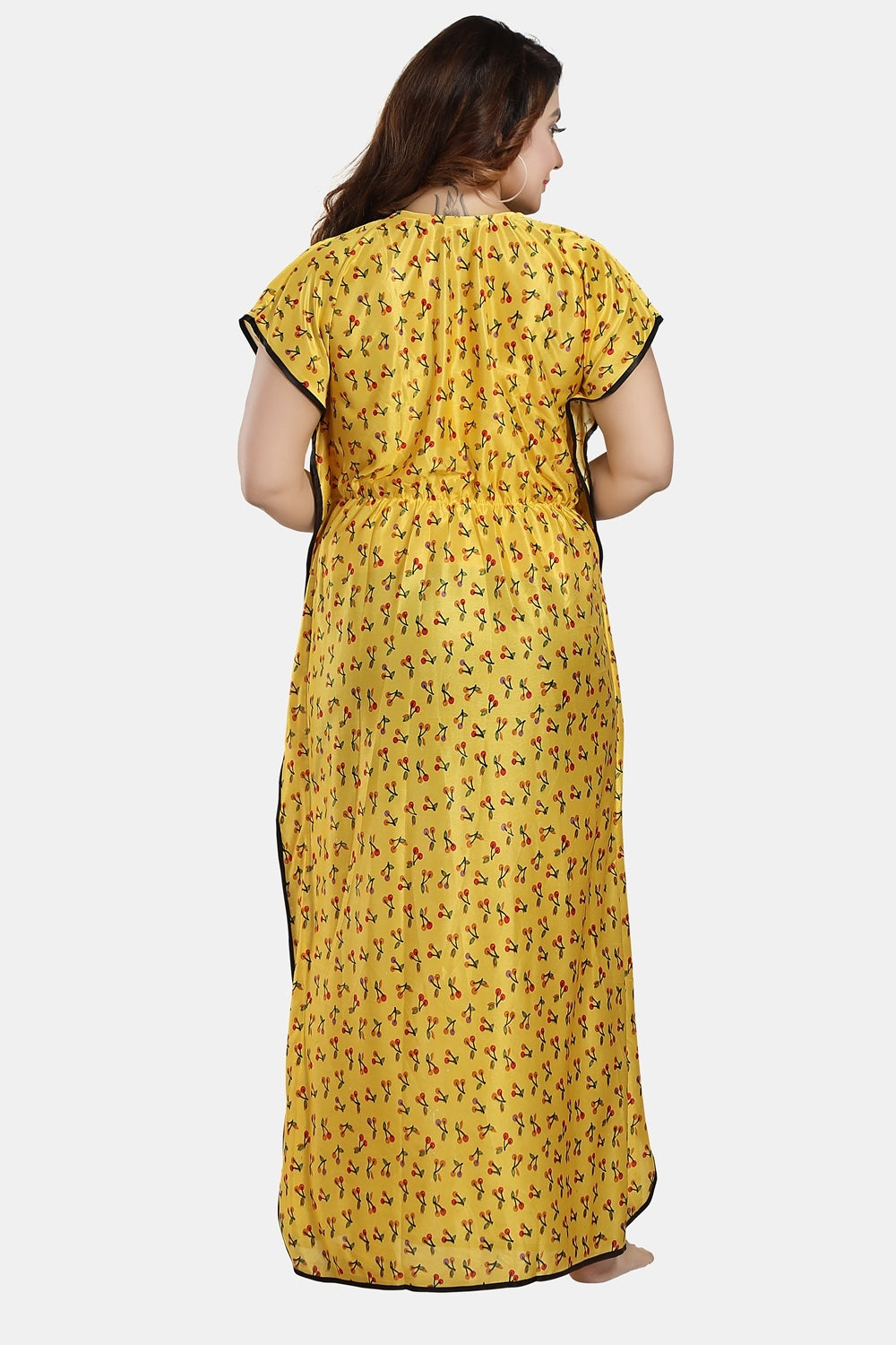 Fabme Women's Yellow Kaftan Satin Full Length EveryDay Night Dress Nighty