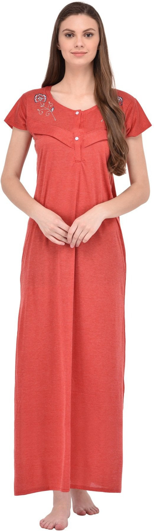 Fabme Women's Red Horizontal Zip Polycotton Full Length Maternity Night Dress Nighty
