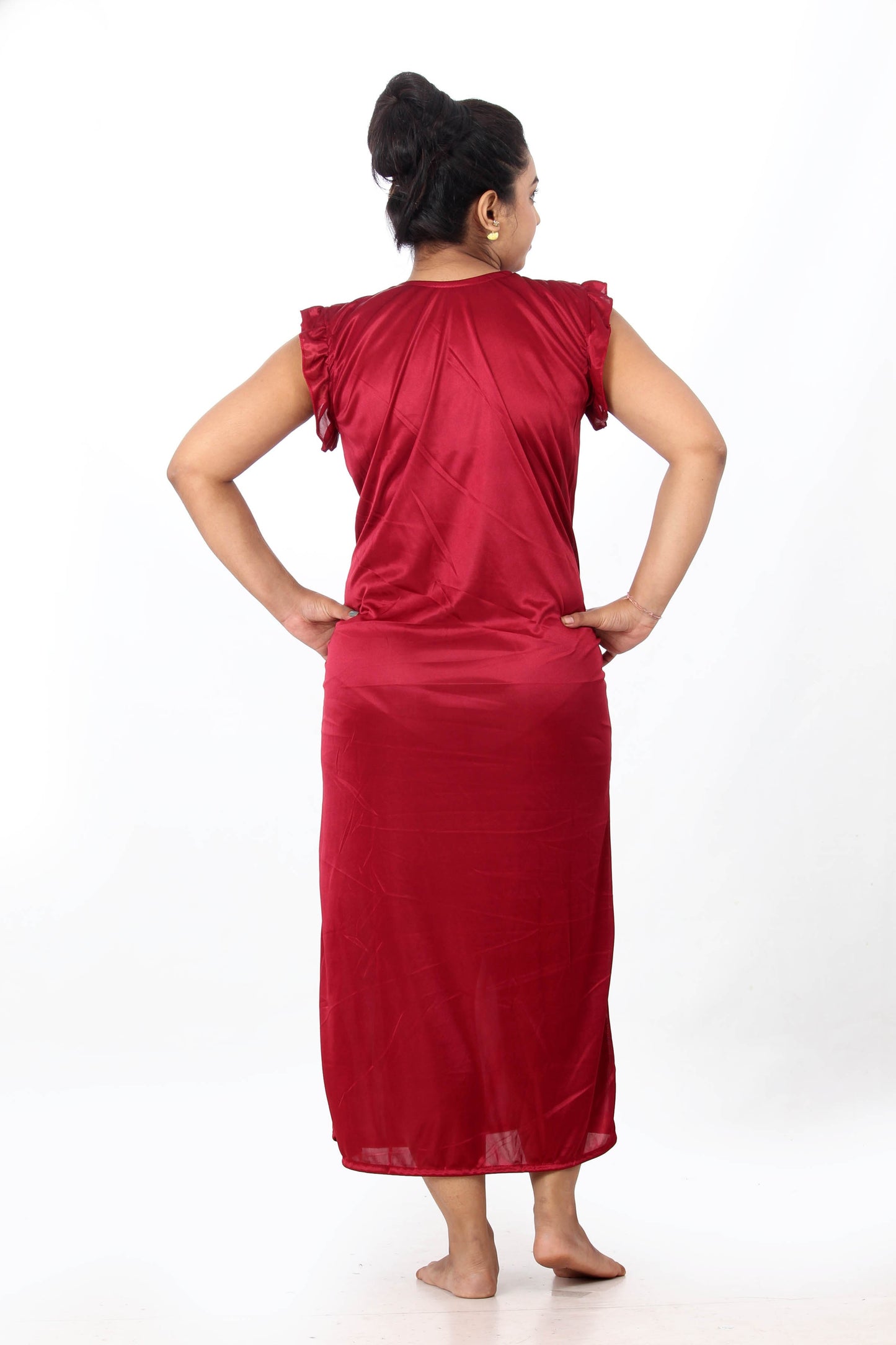 Fabme Women's Maroon Satin Ankle Length EveryDay Night Dress Nighty