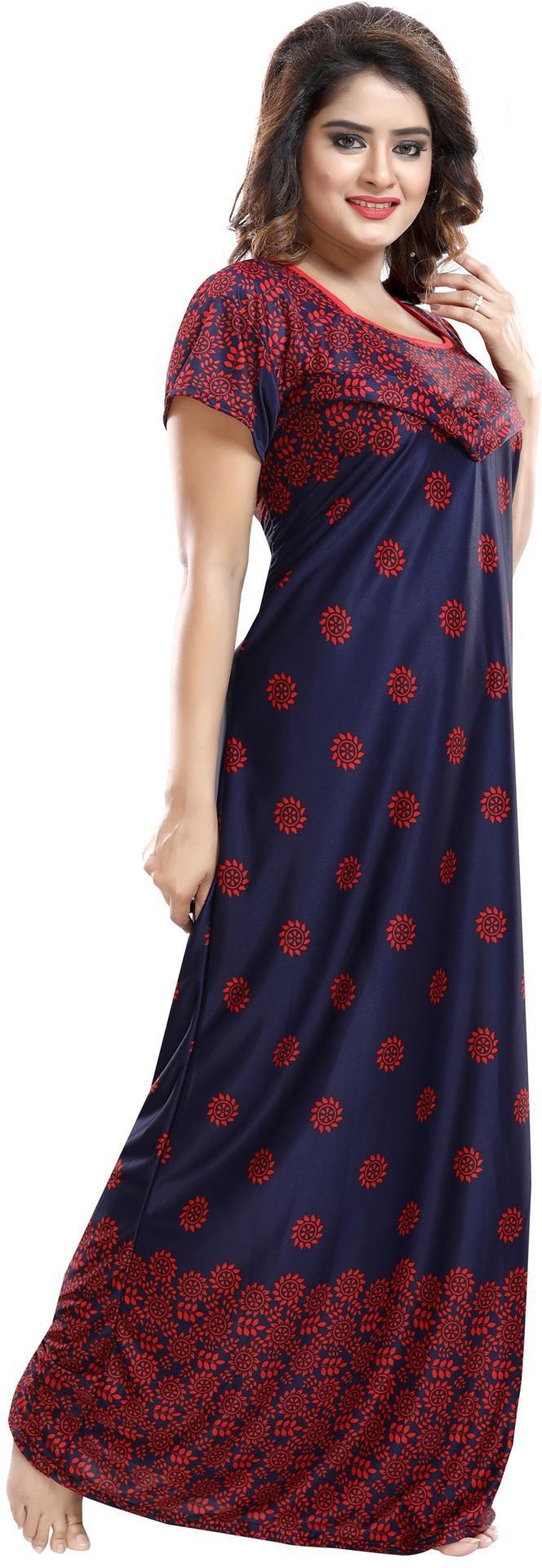 Fabme Women's Red Horizontal Zip Sarina Satin / Polyester Full Length Maternity Night Dress Nighty