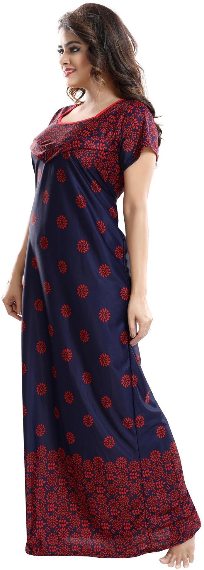 Fabme Women's Red Horizontal Zip Sarina Satin / Polyester Full Length Maternity Night Dress Nighty