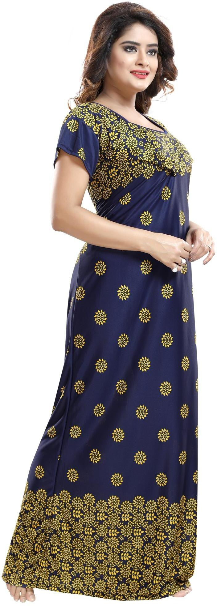 Fabme Women's Yellow Horizontal Zip Sarina Satin / Polyester Full Length Maternity Night Dress Nighty