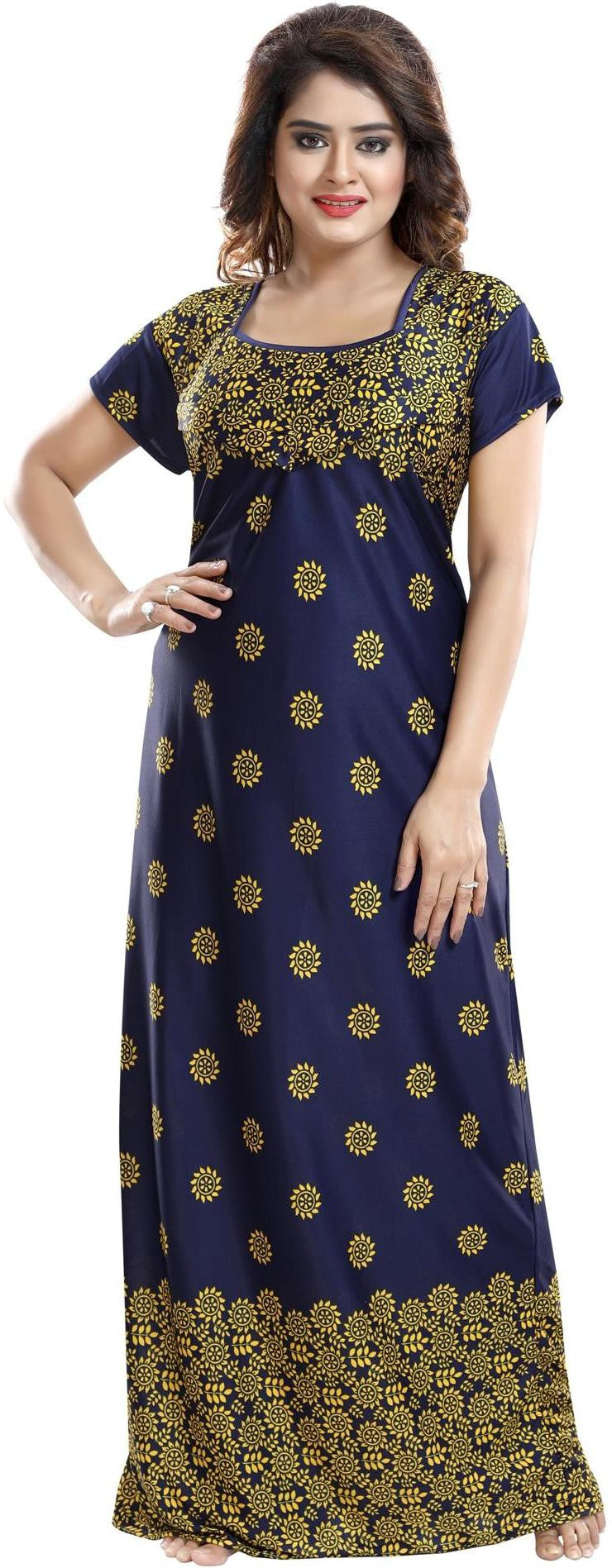 Fabme Women's Yellow Horizontal Zip Sarina Satin / Polyester Full Length Maternity Night Dress Nighty
