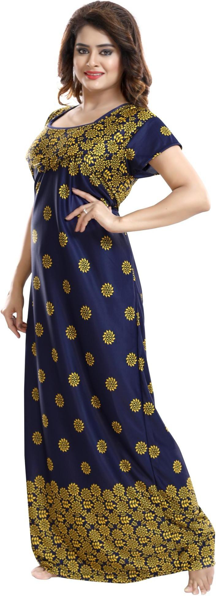 Fabme Women's Yellow Horizontal Zip Sarina Satin / Polyester Full Length Maternity Night Dress Nighty