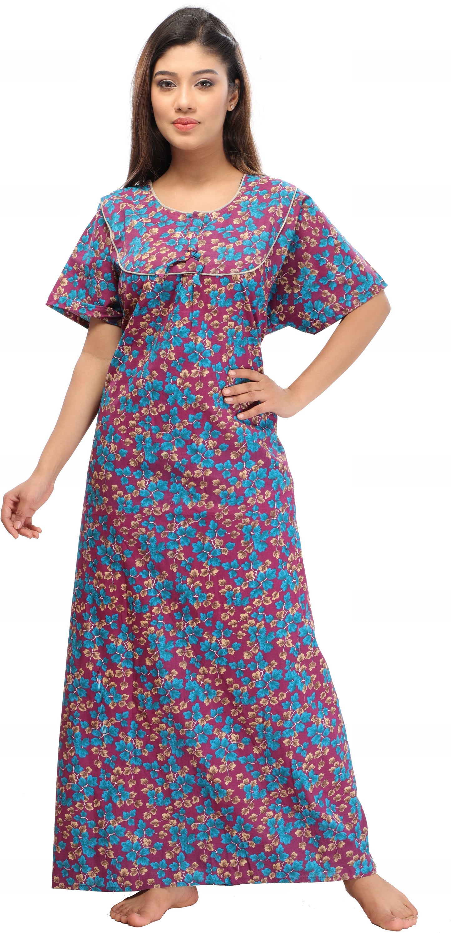Fabme Women's Maroon Printed Cotton Full Length EveryDay Night Dress Nighty