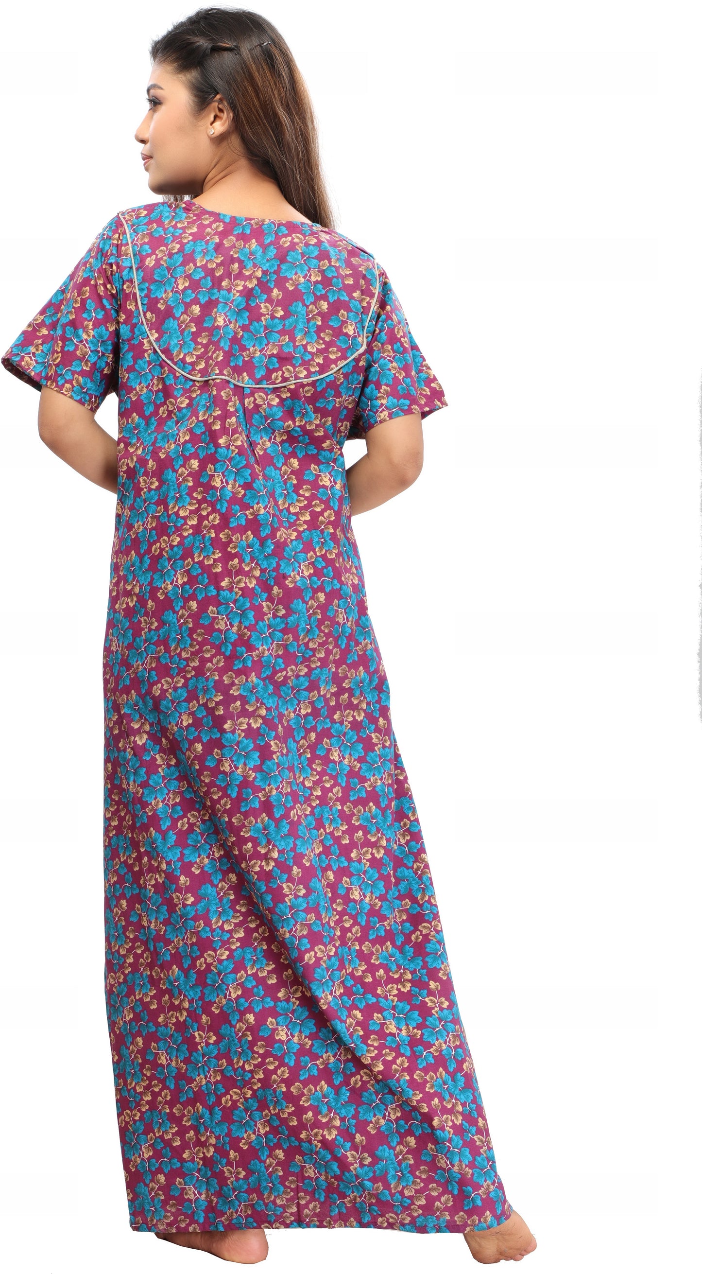 Fabme Women's Maroon Printed Cotton Full Length EveryDay Night Dress Nighty