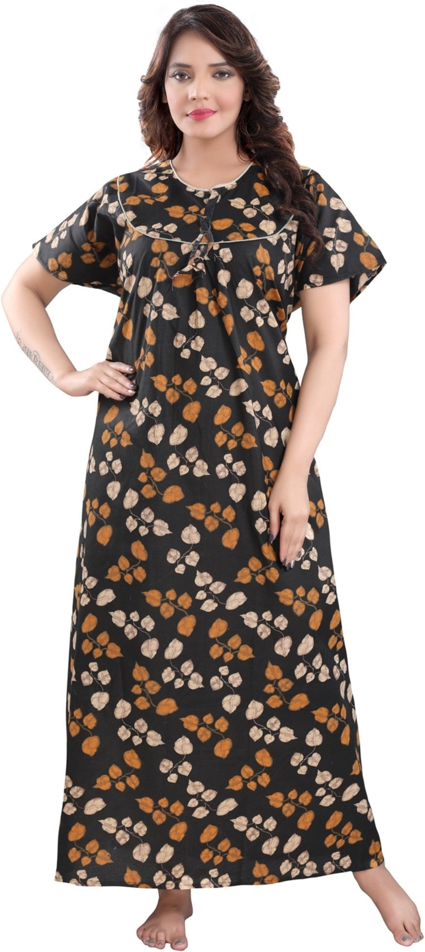 Fabme Women's Black Printed Cotton Full Length EveryDay Night Dress Nighty