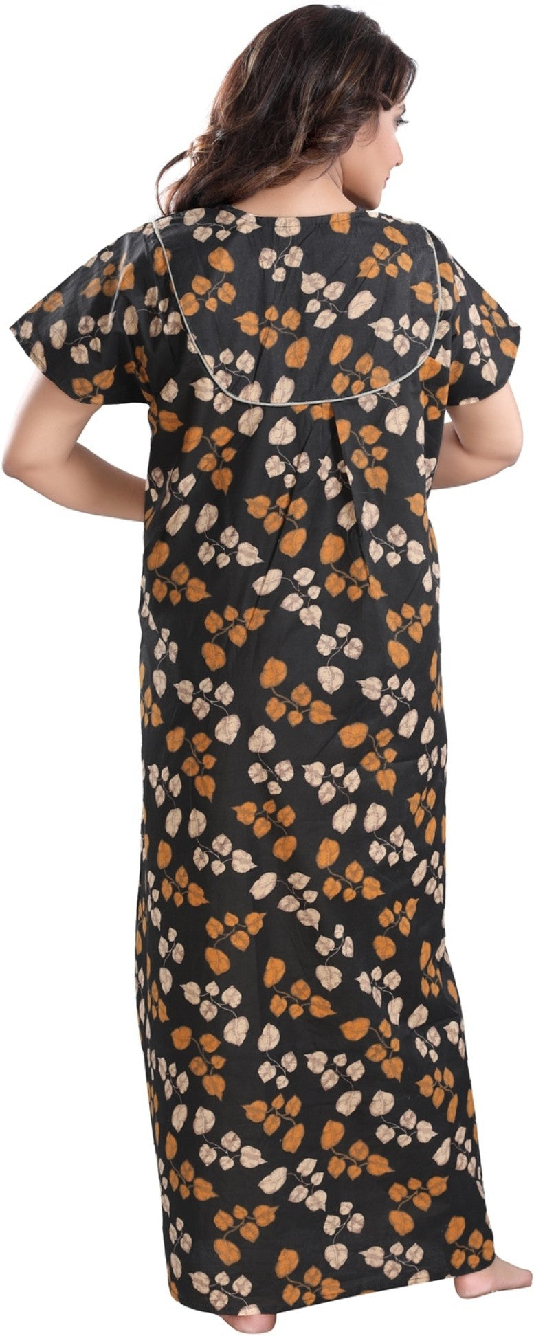 Fabme Women's Black Printed Cotton Full Length EveryDay Night Dress Nighty