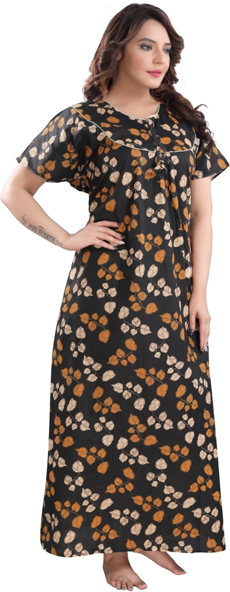 Fabme Women's Black Printed Cotton Full Length EveryDay Night Dress Nighty